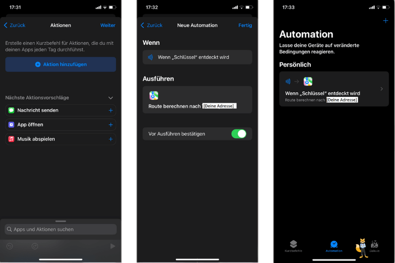 Screenshots, welche Aktionen mit dem NFC-Kurzbefehl möglich sind